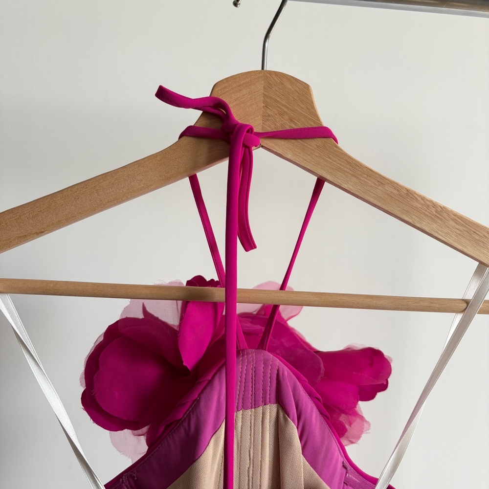 Halston Heritage Hot Pink Halter Maxi Dress with Floral Neck Detail - Picture 10 of 16